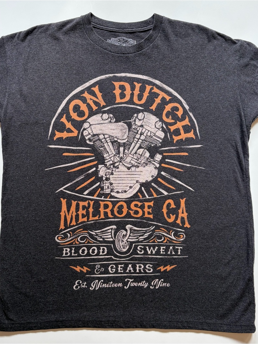 Von Dutch Black Tee with Orange and Cream Engine Graphic